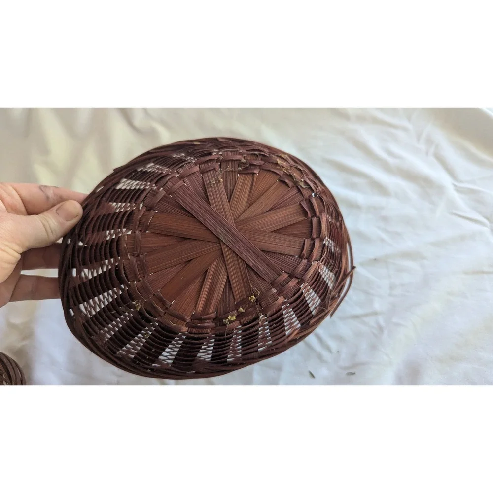 Set of 2 Vintage Dark Brown Woven Bamboo Oval Storage Baskets 8 Inch